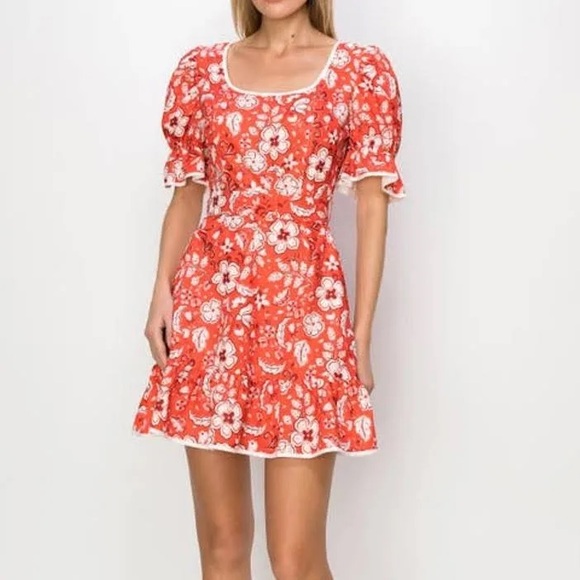 Melloday red and white puff sleeve mini dress with removable belt size medium - Picture 3 of 3